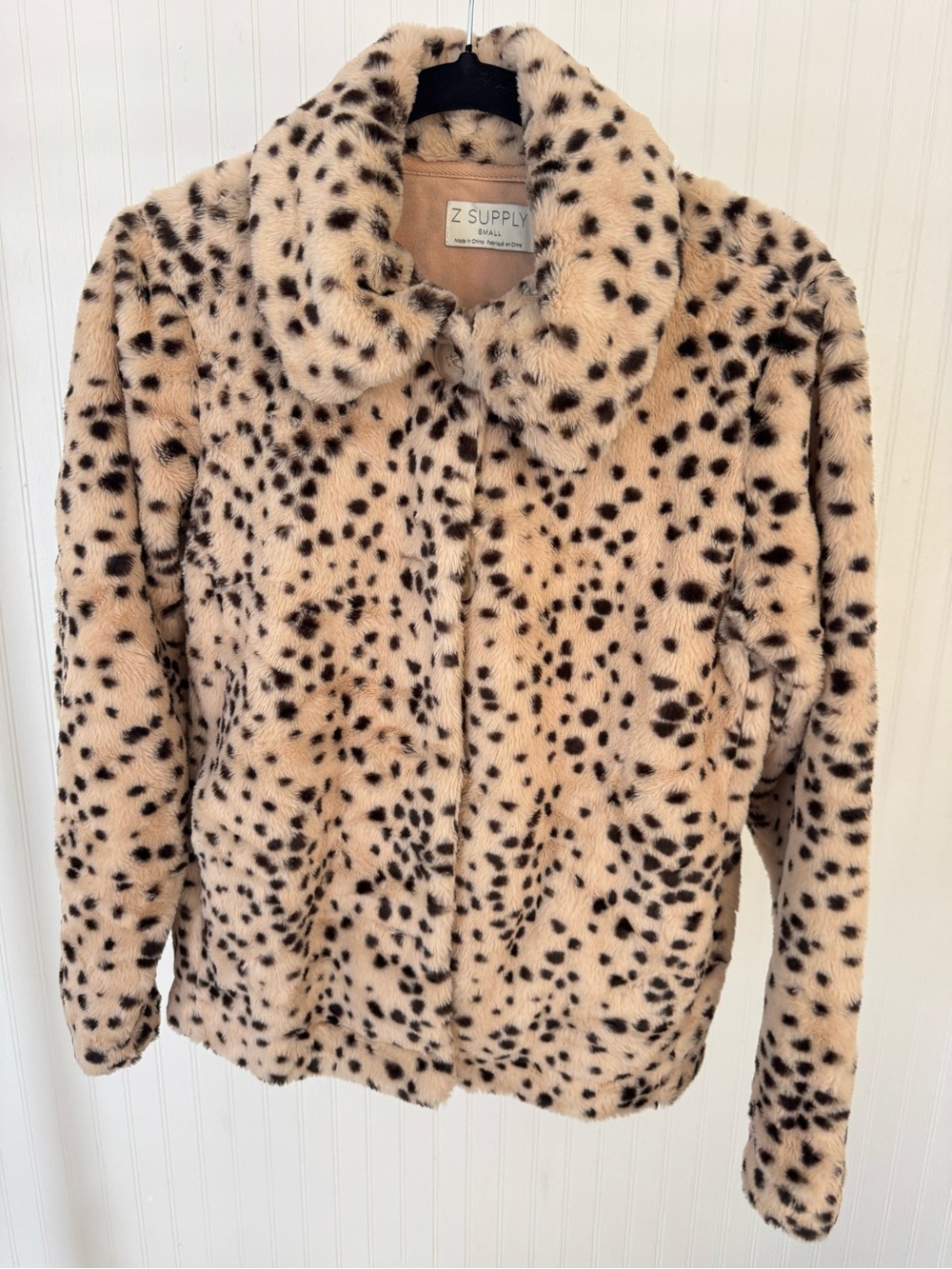 Z Supply Beige Leopard Faux Fur Teddy Jacket with Black Spots